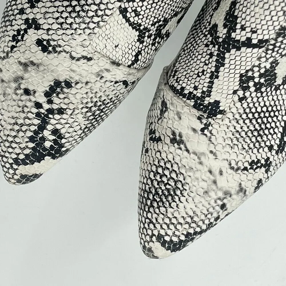Women’s Black White Snakeprint Embossed Faux Leather Block Heel Ankle Boots 8.5